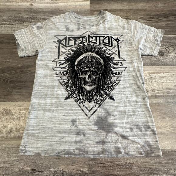 Affliction T-shirt Gray Mens L Indian Chief Skull Cybergrunge Mallgoth y2k 2000s - Picture 1 of 9